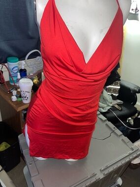 Red Ruched V-Neck Bodycon Mini Dress